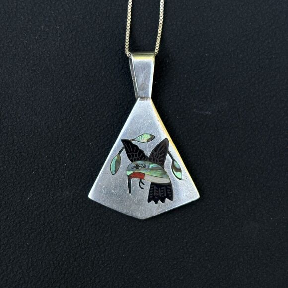 Zuni SC Edaakie Sterling Silver Hummingbird Inlay Pendant – Abalone Coral Jet - Picture 1 of 6